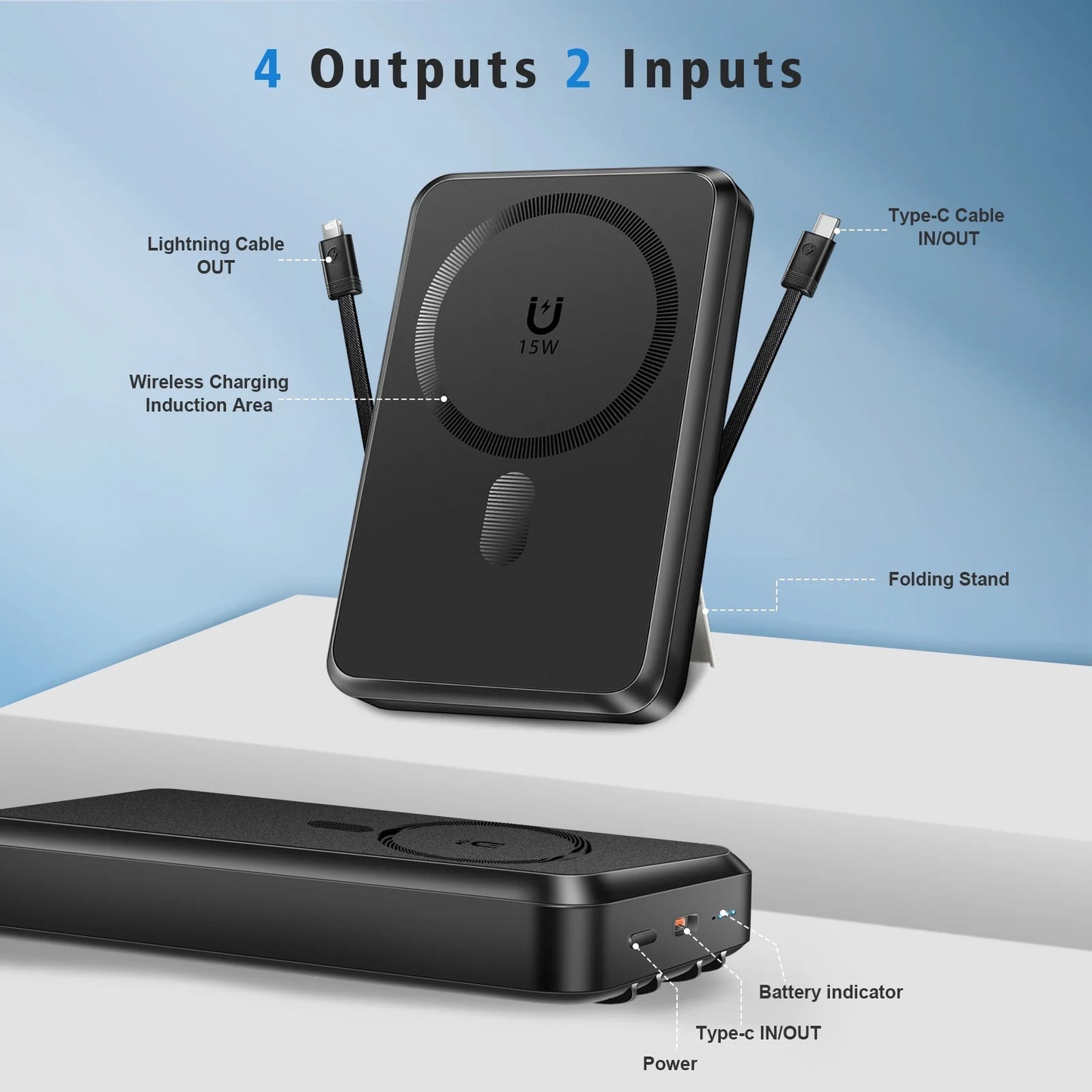 Magnetic Portable Charger, 10000Mah Magsafe Power Bank with Built in USB-C & Lighting Cable