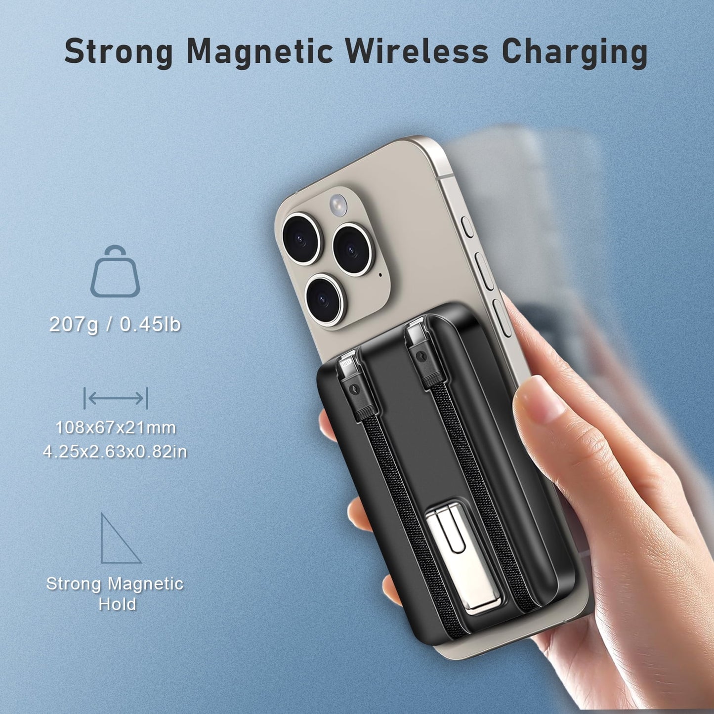 Magnetic Portable Charger, 10000Mah Magsafe Power Bank with Built in USB-C & Lighting Cable