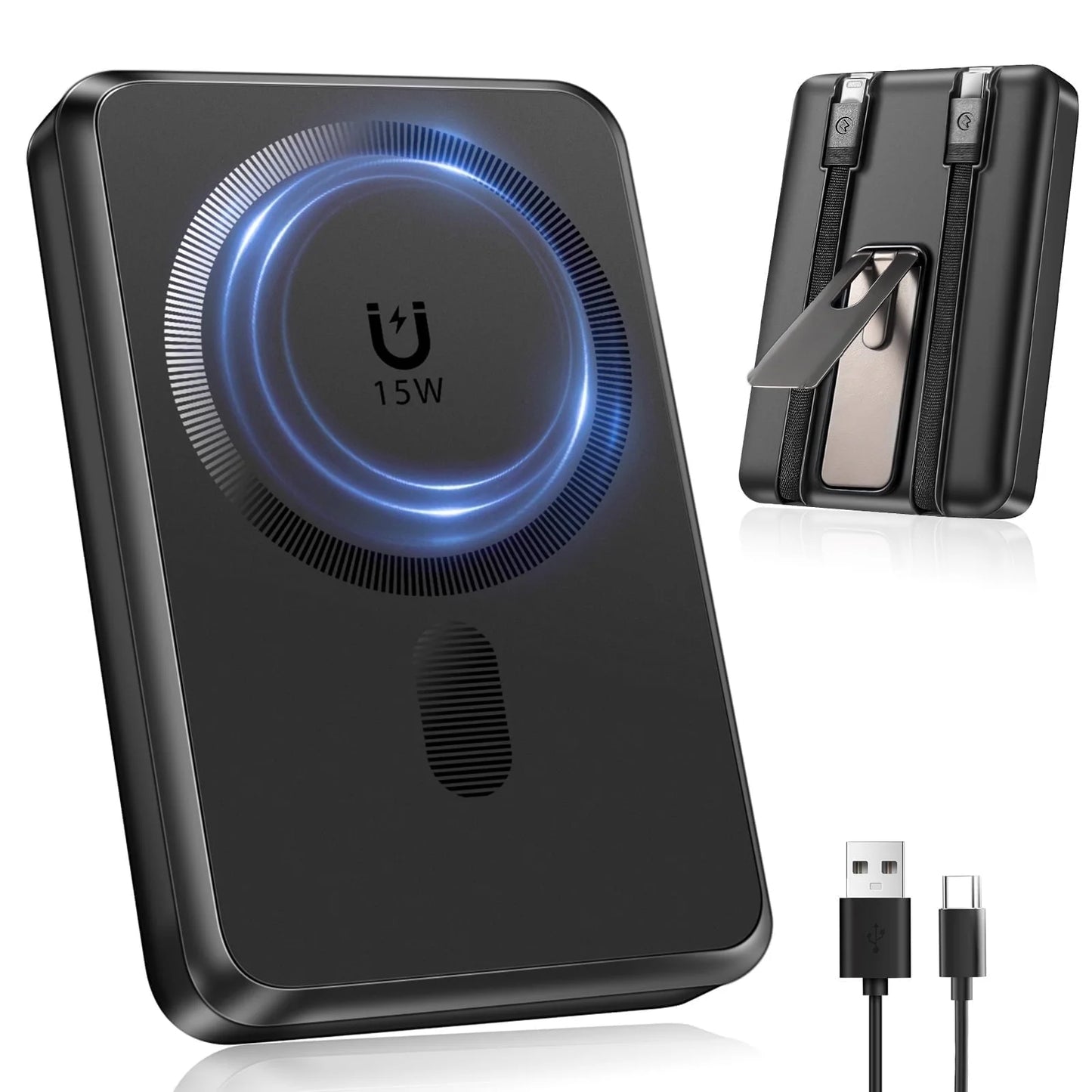 Magnetic Portable Charger, 10000Mah Magsafe Power Bank with Built in USB-C & Lighting Cable