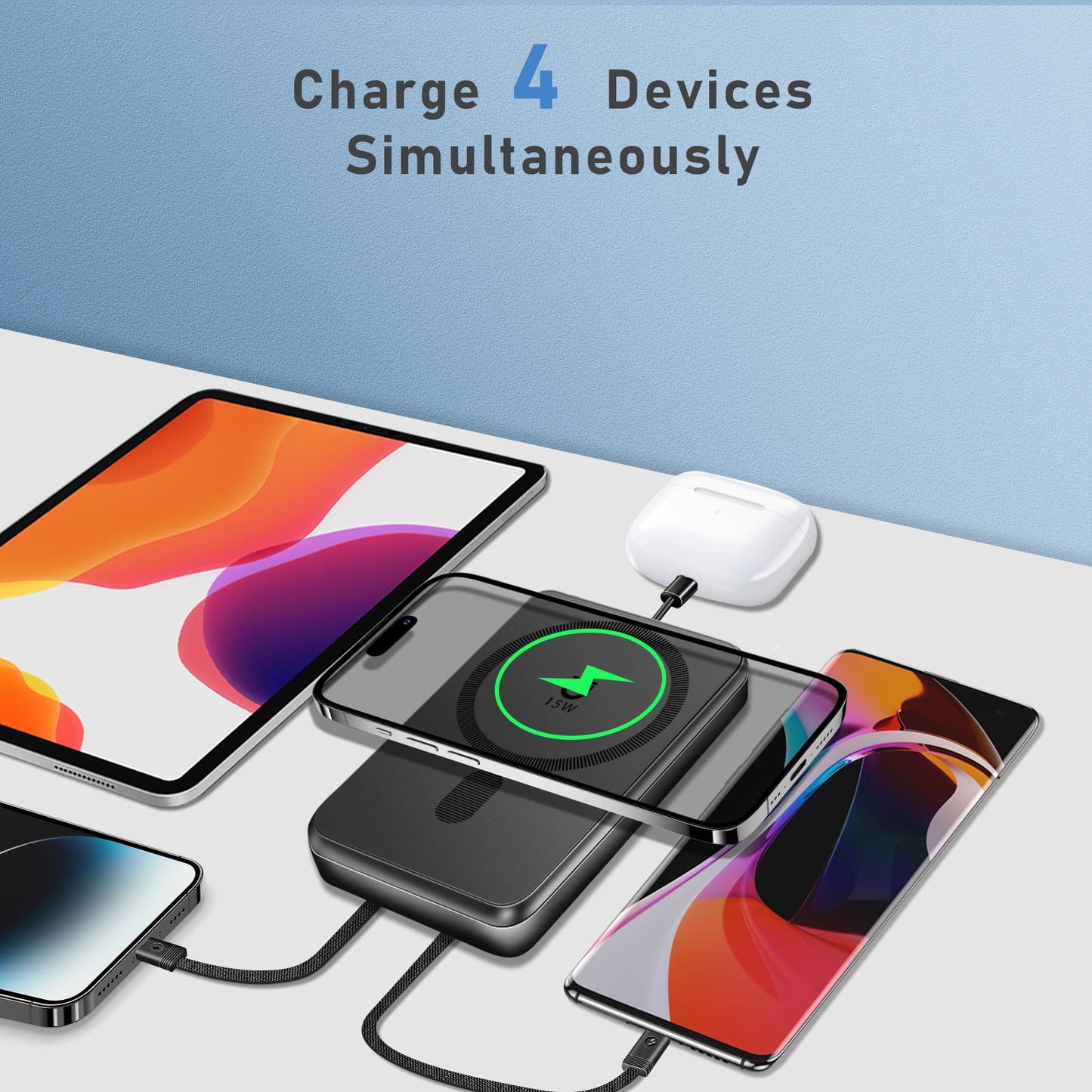 Magnetic Portable Charger, 10000Mah Magsafe Power Bank with Built in USB-C & Lighting Cable